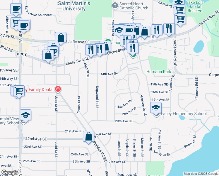 map of restaurants, bars, coffee shops, grocery stores, and more near 1422-A/C Lebanon Street Southeast in Olympia