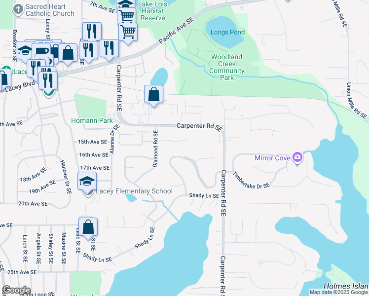 map of restaurants, bars, coffee shops, grocery stores, and more near 1546 Diamond Road Southeast in Lacey