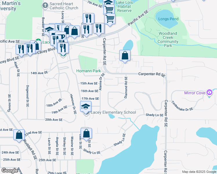 map of restaurants, bars, coffee shops, grocery stores, and more near 6261 Sunny Lane Southeast in Lacey