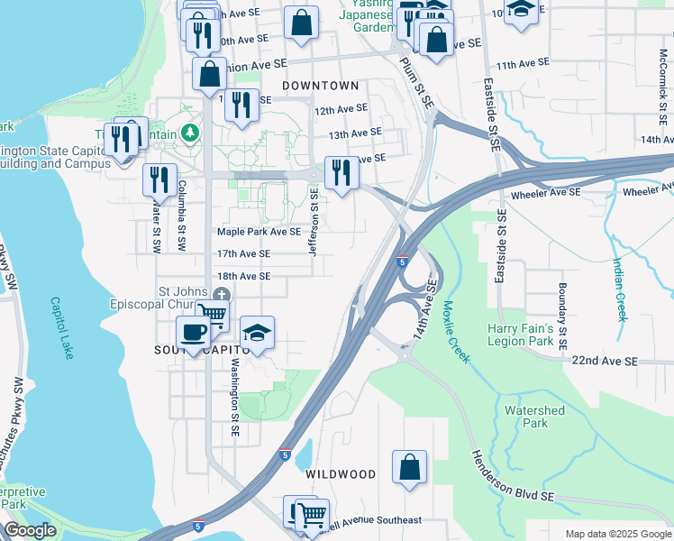 map of restaurants, bars, coffee shops, grocery stores, and more near 526 18th Avenue Southeast in Olympia