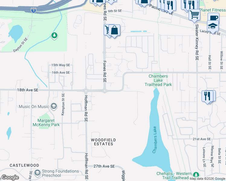 map of restaurants, bars, coffee shops, grocery stores, and more near 3532 18th Avenue Southeast in Olympia