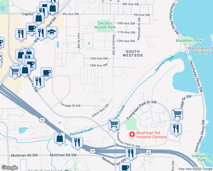 map of restaurants, bars, coffee shops, grocery stores, and more near 1707 Decatur Street Southwest in Olympia