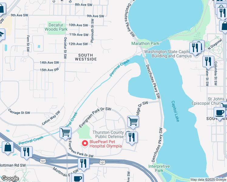 map of restaurants, bars, coffee shops, grocery stores, and more near 1710 Evergreen Park Lane Southwest in Olympia