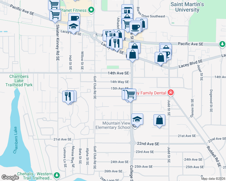 map of restaurants, bars, coffee shops, grocery stores, and more near 4441 15th Avenue Southeast in Lacey