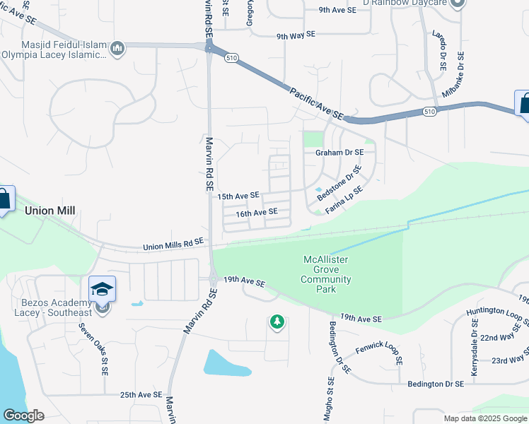map of restaurants, bars, coffee shops, grocery stores, and more near 16th Avenue Southeast in Olympia