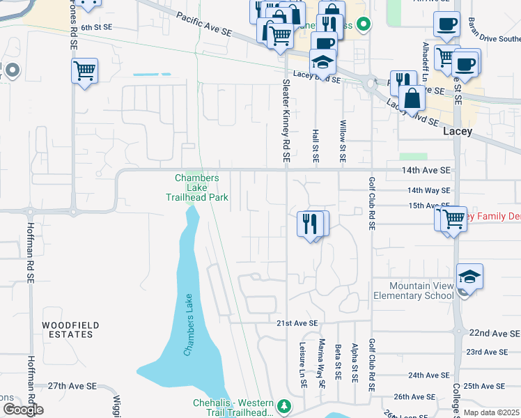 map of restaurants, bars, coffee shops, grocery stores, and more near 1501 Brunswick Street Southeast in Lacey