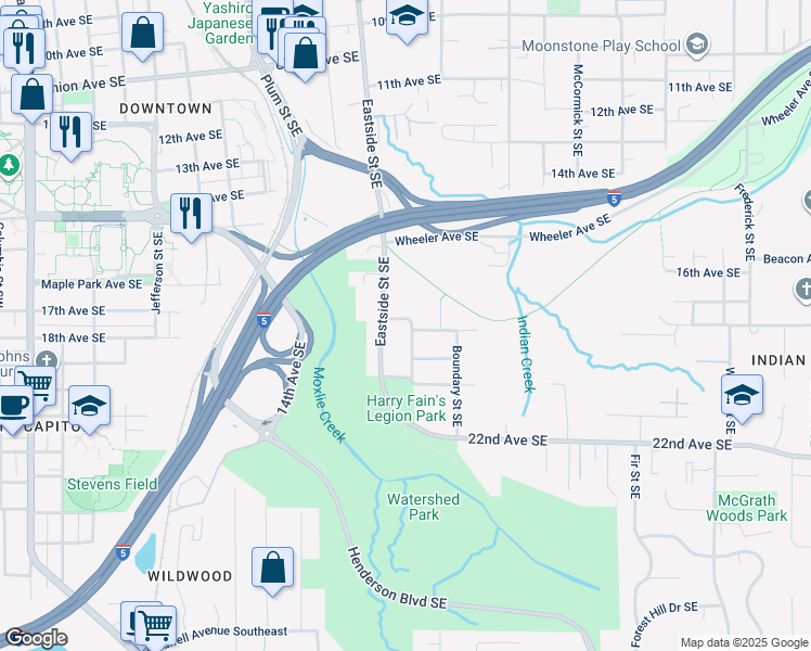 map of restaurants, bars, coffee shops, grocery stores, and more near 1813 Orange Street Southeast in Olympia