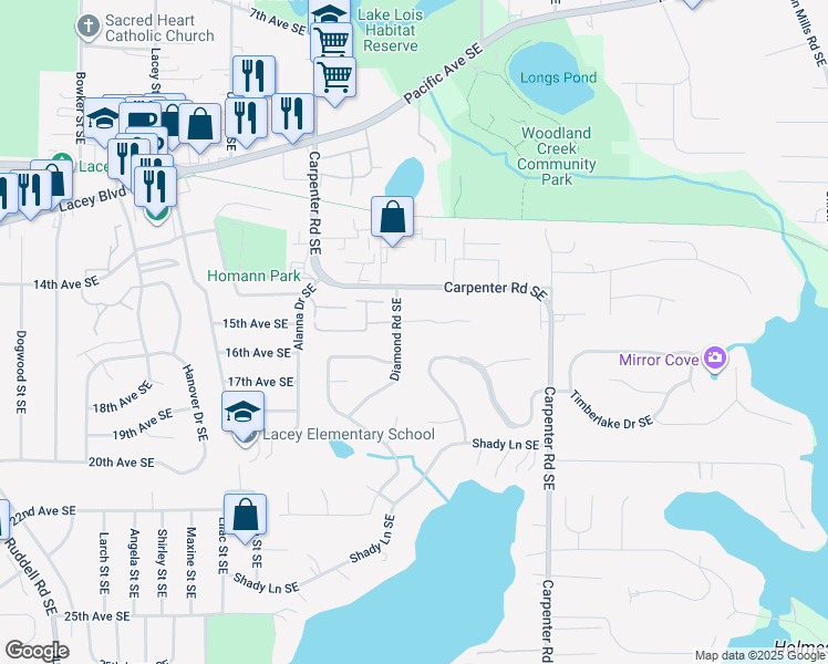 map of restaurants, bars, coffee shops, grocery stores, and more near 1508 Diamond Road Southeast in Lacey