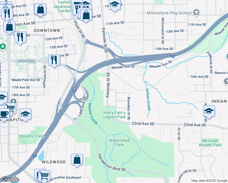 map of restaurants, bars, coffee shops, grocery stores, and more near 1813 Orange Street Southeast in Olympia