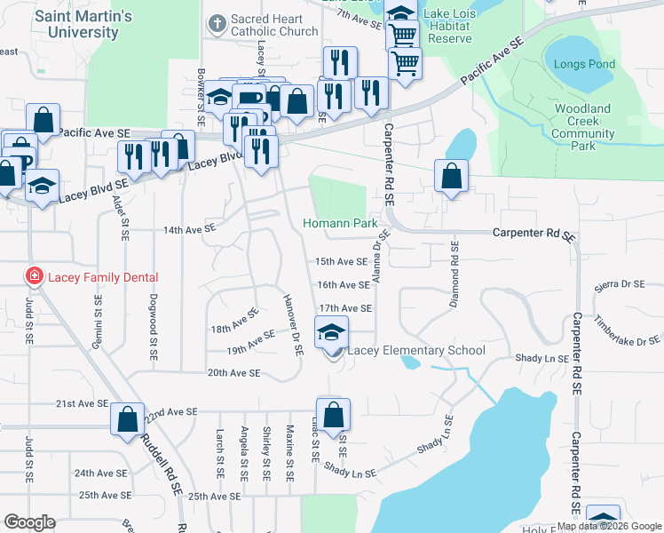map of restaurants, bars, coffee shops, grocery stores, and more near 6013 15th Avenue Southeast in Lacey