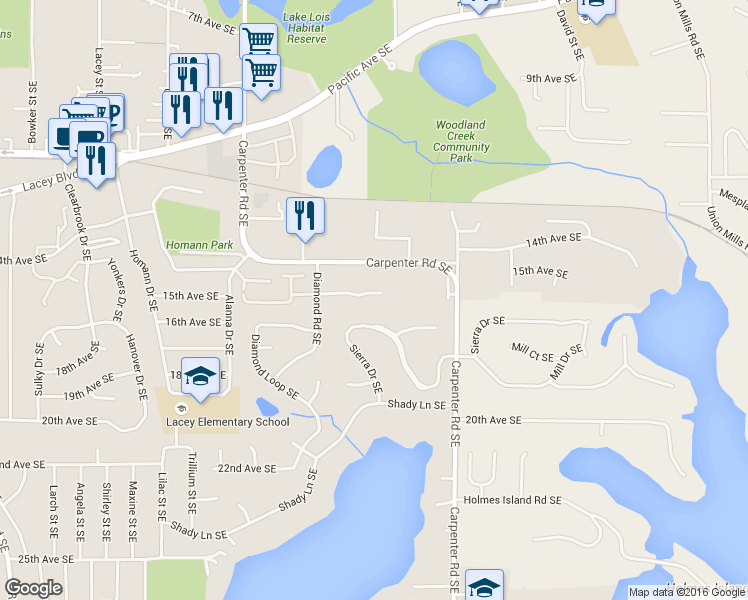 map of restaurants, bars, coffee shops, grocery stores, and more near 1546 Diamond Road Southeast in Lacey