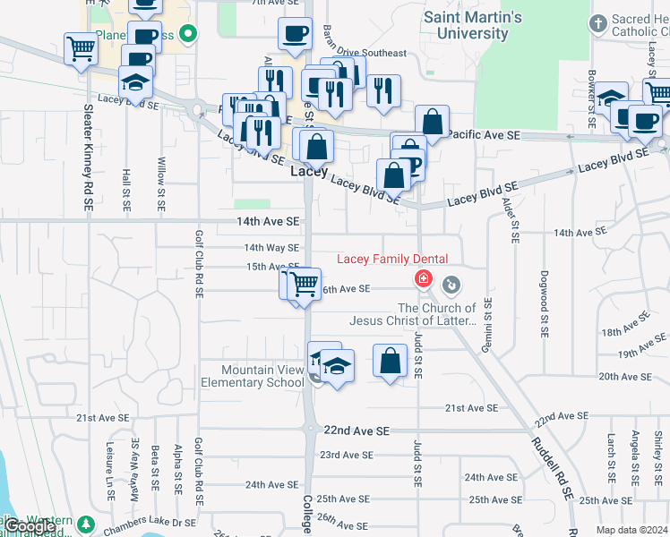 map of restaurants, bars, coffee shops, grocery stores, and more near 4704 16th Avenue Southeast in Olympia