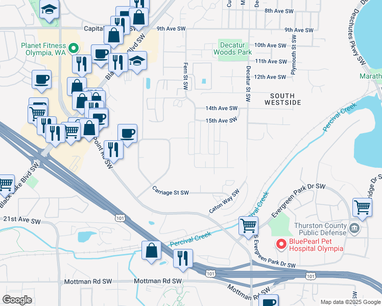 map of restaurants, bars, coffee shops, grocery stores, and more near 1627 Fern Street Southwest in Olympia