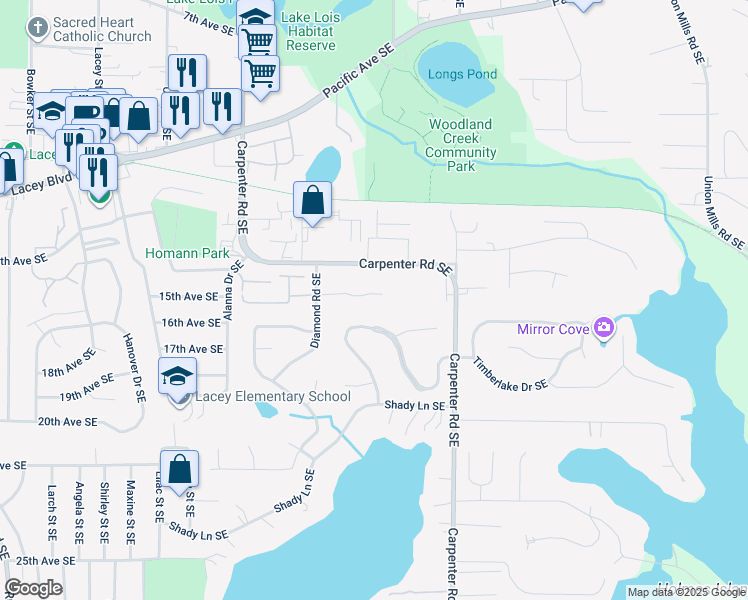 map of restaurants, bars, coffee shops, grocery stores, and more near 1546 Diamond Road Southeast in Lacey