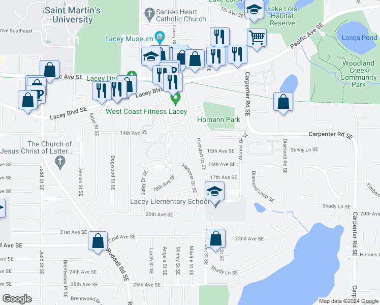 map of restaurants, bars, coffee shops, grocery stores, and more near 1508a Yonkers Drive Southeast in Lacey