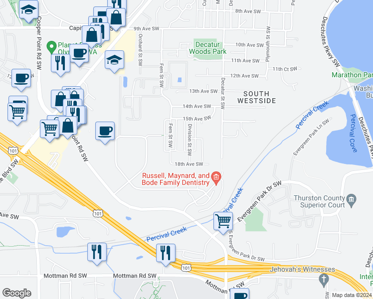 map of restaurants, bars, coffee shops, grocery stores, and more near 1625 Division Street Southwest in Olympia