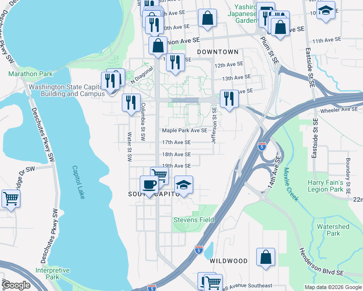 map of restaurants, bars, coffee shops, grocery stores, and more near 312 18th Avenue Southeast in Olympia