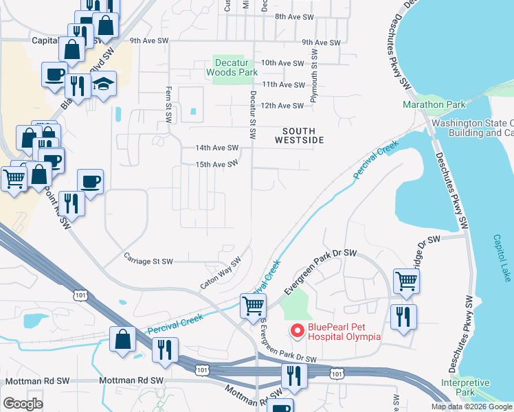 map of restaurants, bars, coffee shops, grocery stores, and more near 1707 Decatur Street Southwest in Olympia