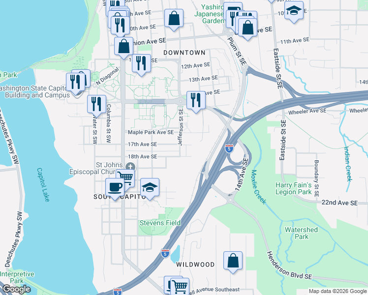 map of restaurants, bars, coffee shops, grocery stores, and more near 1702 Jefferson Street Southeast in Olympia