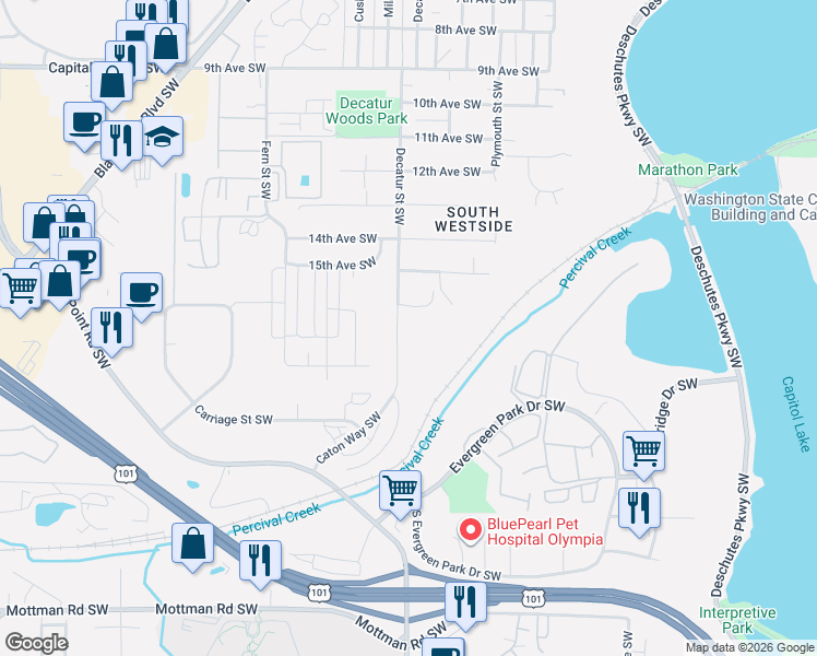map of restaurants, bars, coffee shops, grocery stores, and more near 1707 Decatur Street Southwest in Olympia