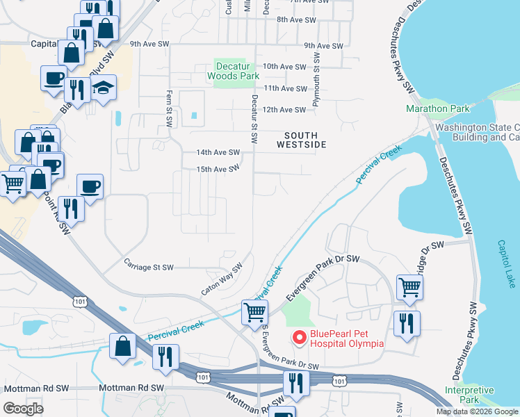 map of restaurants, bars, coffee shops, grocery stores, and more near 1707 Decatur Street Southwest in Olympia