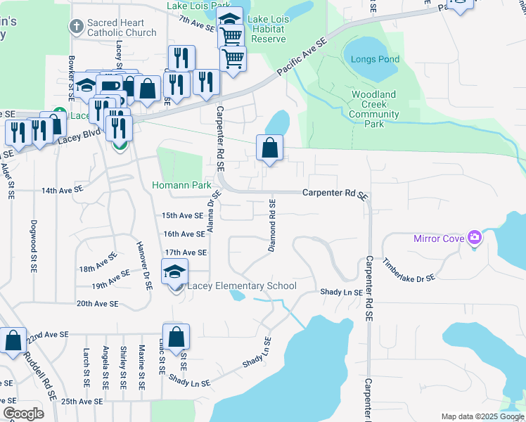 map of restaurants, bars, coffee shops, grocery stores, and more near 1508 Diamond Road Southeast in Lacey
