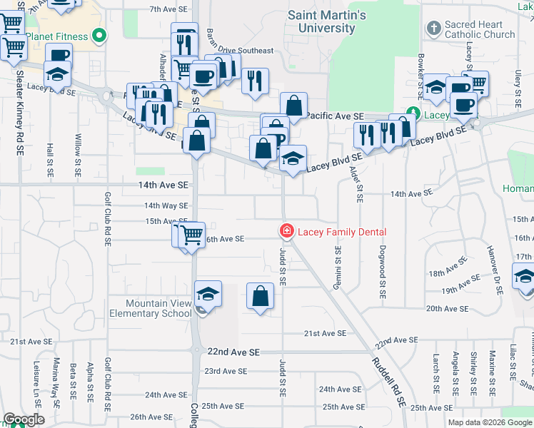 map of restaurants, bars, coffee shops, grocery stores, and more near 4903 15th Avenue Southeast in Lacey