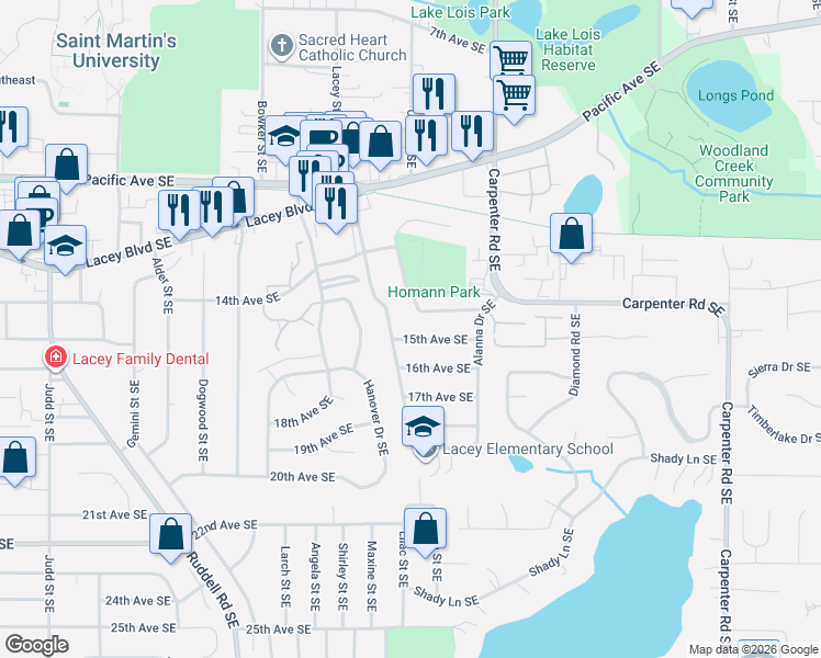 map of restaurants, bars, coffee shops, grocery stores, and more near 6013 15th Avenue Southeast in Lacey