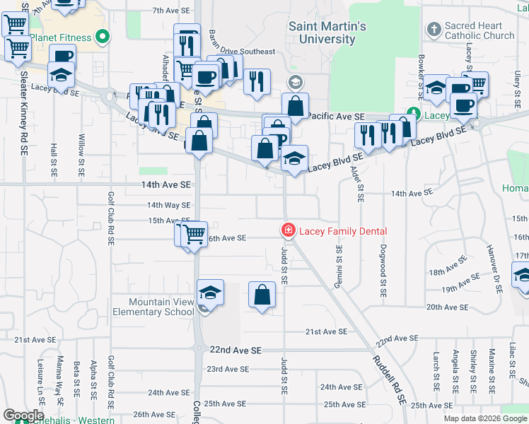map of restaurants, bars, coffee shops, grocery stores, and more near 4903 15th Avenue Southeast in Lacey