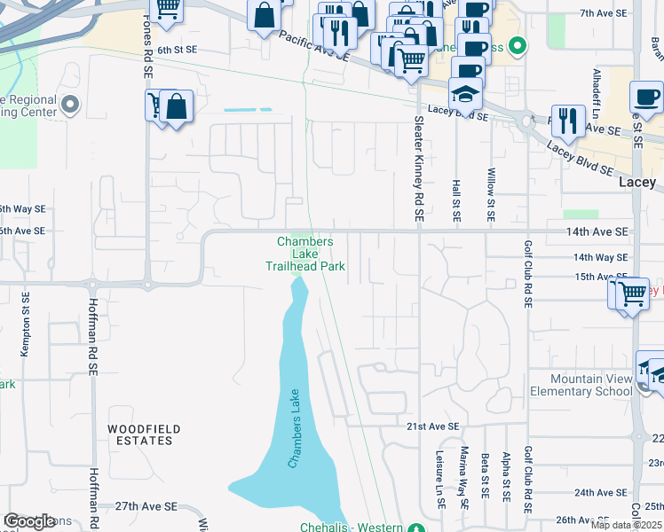 map of restaurants, bars, coffee shops, grocery stores, and more near 1423 Josephine Court Southeast in Olympia