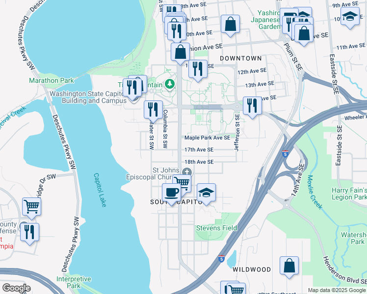 map of restaurants, bars, coffee shops, grocery stores, and more near 1616 Capitol Way South in Olympia