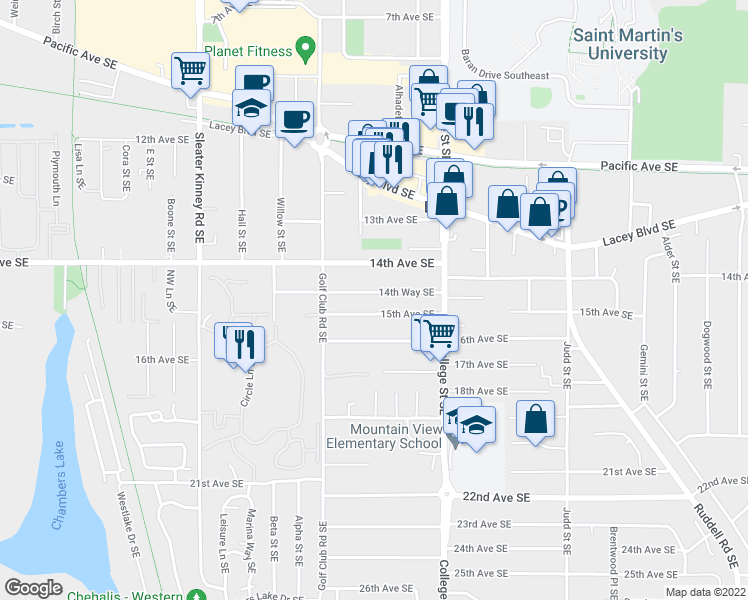 map of restaurants, bars, coffee shops, grocery stores, and more near 4441 15th Avenue Southeast in Lacey