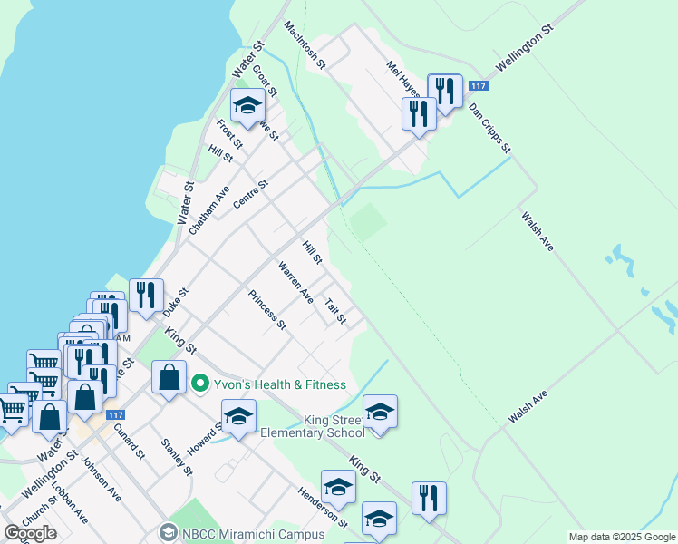 map of restaurants, bars, coffee shops, grocery stores, and more near 87 Hill Street in Miramichi