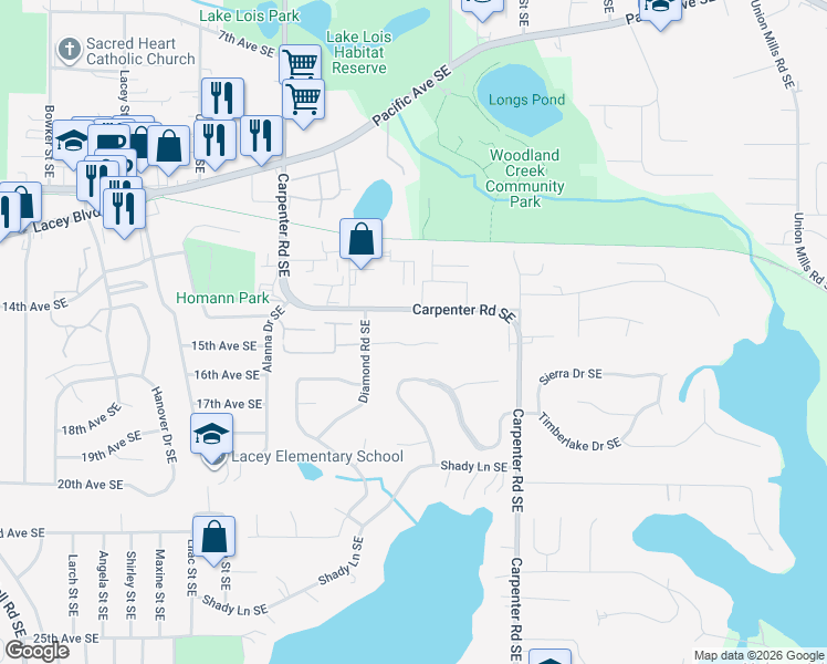 map of restaurants, bars, coffee shops, grocery stores, and more near 1522 Diamond Road Southeast in Lacey