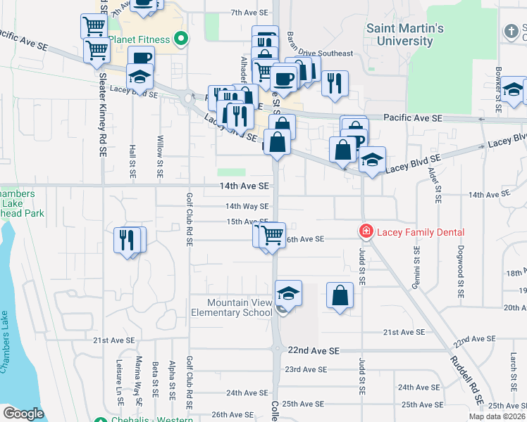 map of restaurants, bars, coffee shops, grocery stores, and more near 4517 15th Avenue Southeast in Lacey