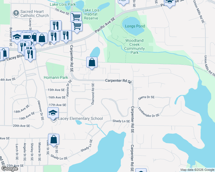 map of restaurants, bars, coffee shops, grocery stores, and more near 1522 Diamond Road Southeast in Lacey