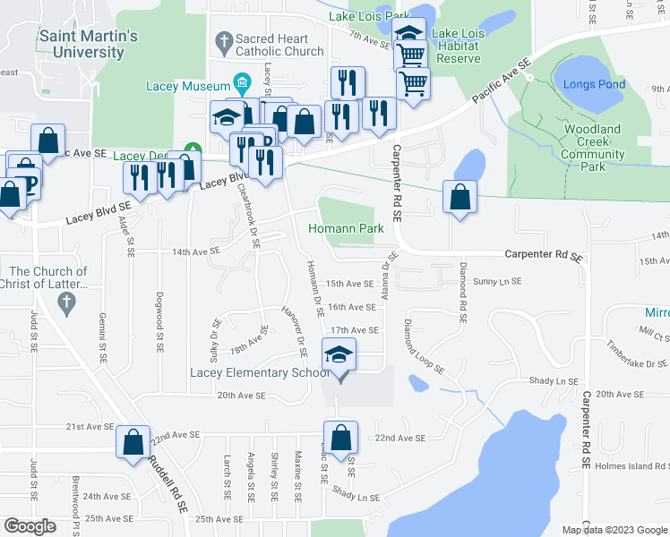 map of restaurants, bars, coffee shops, grocery stores, and more near 1316 Glen Mary Drive Southeast in Olympia