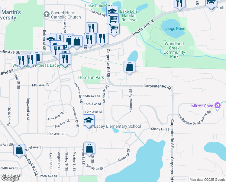 map of restaurants, bars, coffee shops, grocery stores, and more near 1410 Alanna Drive Southeast in Lacey