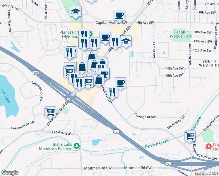 map of restaurants, bars, coffee shops, grocery stores, and more near 1600 Cooper Point Road Southwest in Olympia