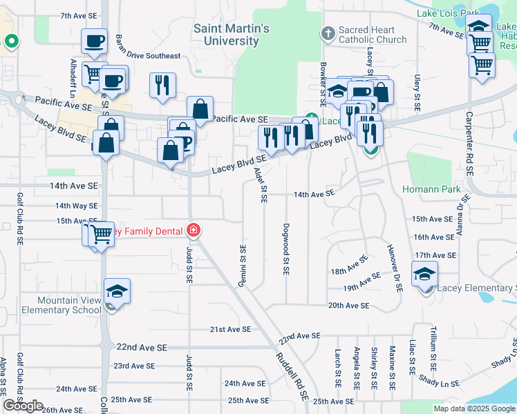 map of restaurants, bars, coffee shops, grocery stores, and more near 1409 Alder Street Southeast in Lacey