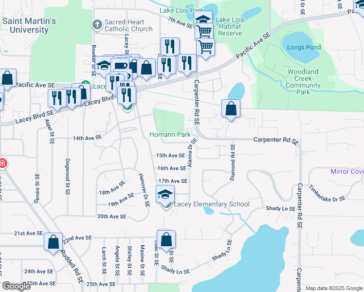 map of restaurants, bars, coffee shops, grocery stores, and more near 1327 Glen Mary Drive Southeast in Lacey