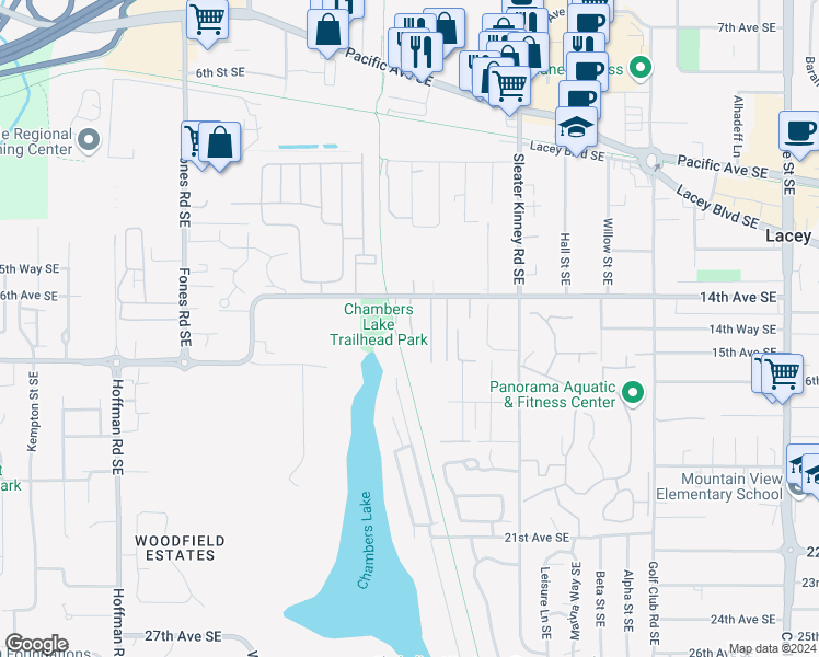map of restaurants, bars, coffee shops, grocery stores, and more near 1402 Josephine Court Southeast in Olympia