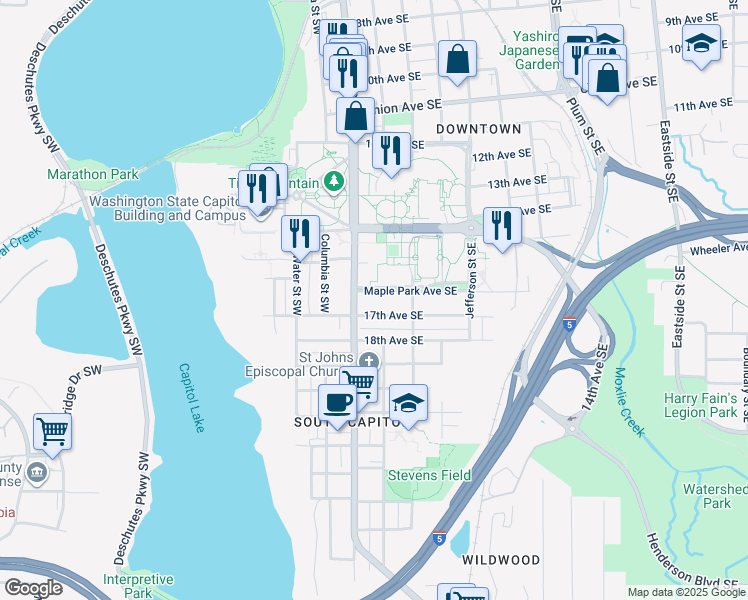 map of restaurants, bars, coffee shops, grocery stores, and more near 117 Maple Park Avenue Southeast in Olympia