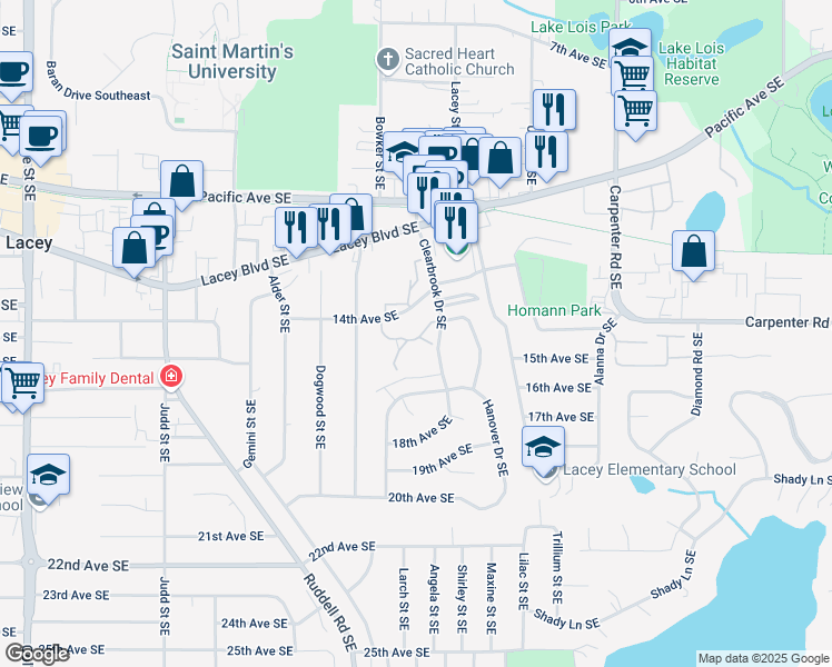 map of restaurants, bars, coffee shops, grocery stores, and more near 1405 Clearbrook Drive Southeast in Lacey