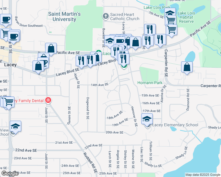 map of restaurants, bars, coffee shops, grocery stores, and more near 1400 Clearbrook Drive Southeast in Lacey