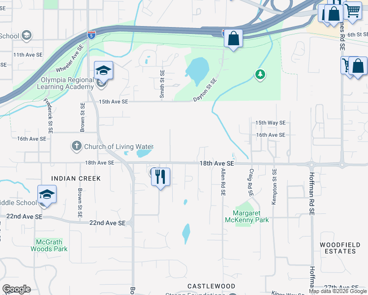 map of restaurants, bars, coffee shops, grocery stores, and more near 2832 18th Avenue Southeast in Olympia