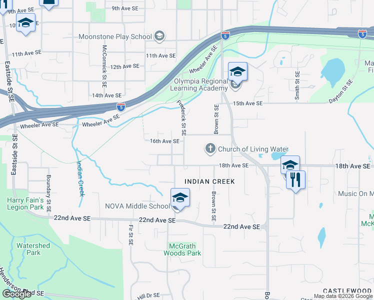 map of restaurants, bars, coffee shops, grocery stores, and more near 1603 Frederick Street Southeast in Olympia