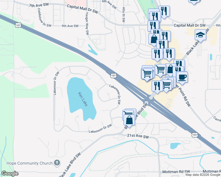 map of restaurants, bars, coffee shops, grocery stores, and more near 2285 Lakemoor Drive Southwest in Olympia