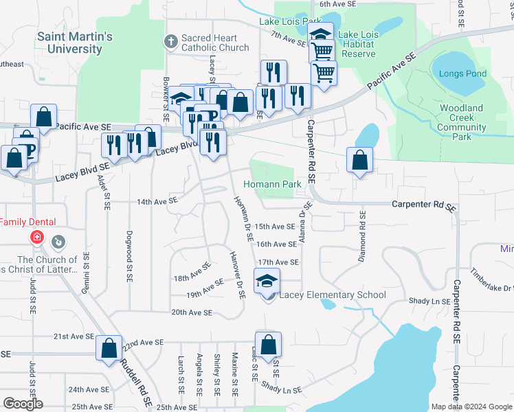 map of restaurants, bars, coffee shops, grocery stores, and more near 1316 Glen Mary Drive Southeast in Olympia
