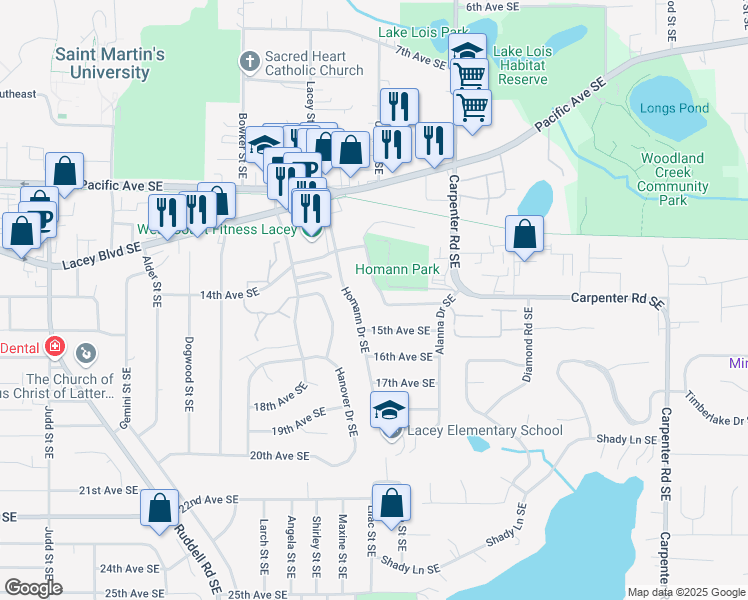 map of restaurants, bars, coffee shops, grocery stores, and more near 1313 Glen Mary Drive Southeast in Olympia